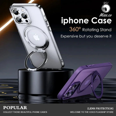 Magnetic 360°Rotation Stand Phone Case For iphone 12 13 14 15 16 17 Pro Max Plus With Ring Holder Frosted Transparent Case Funda