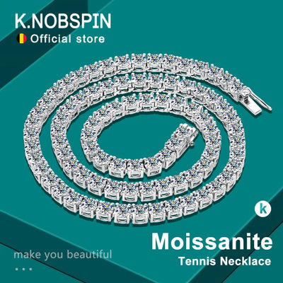 KNOBSPIN D Color Moissanite Tennis Necklace 925 Sterling Sliver Plated 18k Gold Necklace for Woman Man Hiphop Party Jewe