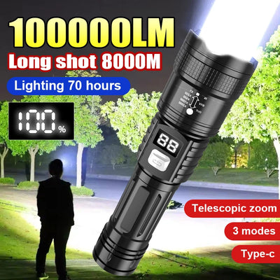 100000LM Super Bright Flashlight Type-C Rechargeable LED Torch Long Range Tactical Lamp for Outdoor Waterproof Camping Lantern
