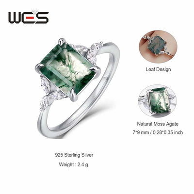 WES 925 Silver Leaf Branch Unique Natural 7*9mm Moss Agate Engagement Rings for Woman Boho Forest Jewelry Gift for Her W