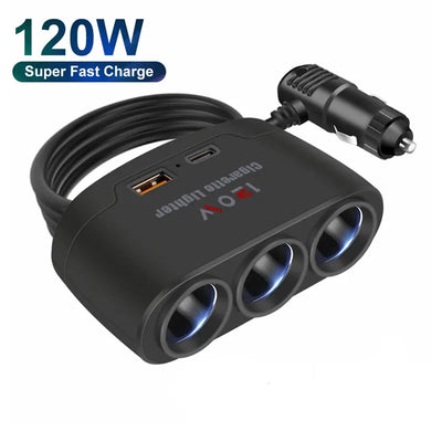 3 in 1 USB Type C Socket 120W Car Cigarette Lighter Splitter 12V 24V Fast Charger Phone Power Adapter for Car DVR GPS Da