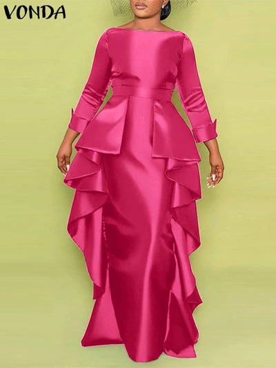 Plus Size 5XL Bohemian Maxi Long Dress 2025 VONDA Women Elegant Satin Dress Ruffle Sundress Casual Vestidos Solid Color