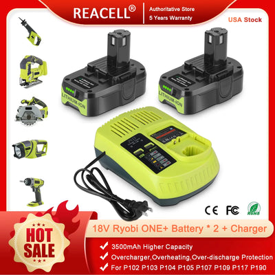 2 Pack 3.5Ah For Ryobi 18V Battery and  Charger Combo Compatible for Ryobi ONE+ Battery P102 P103 P104 P105 P107 P109 P1