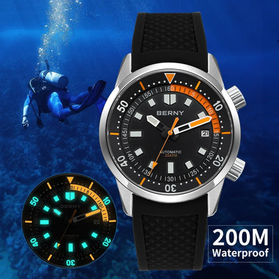 BERNY Men's Dive Watches 200M Waterproof Super Luminous Automatic Mechanical Diver Watch 42mm Sapphire Swim Diving Wrist