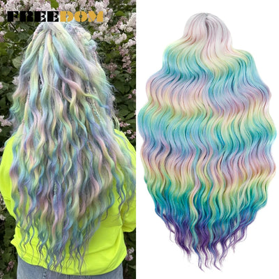 FREEDOM Synthetic Braiding Hair Extensions Natural Deep Wavy 24inch Long Curly Braid Hair Ombre Brown Rainbow Twist Croc