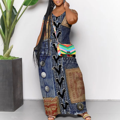 Women's Casual Maxi Dresses Summer Suspender Beach Dress Sundress with Pockets