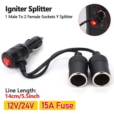 Universal Cigarette Lighter Splitter Adapter with On Off Switch Car Cigarette Lighter 1 Male To 2 Female Sockets Y Split