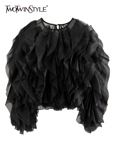 TWOTWINSTYLE Vintage Patchwork Ruffle Shirt For Women O Neck Lantern Long Sleeve Solid Elegant Blouse Female Fashion New