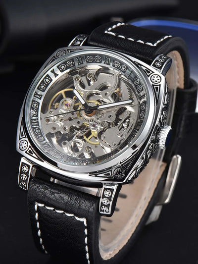 LONGLUX automatic watch retro style wholesale mechanical wristwatches skeleton carve waterproof leather no logo mens wat