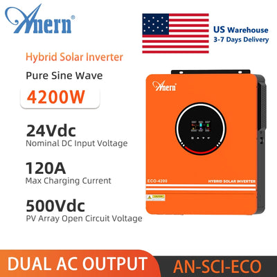 Anern Mppt Solar Inverter 3KW 4.2KW 6.2KW Off Grid 24V 48V Inverter 12V 220V Pure Sine Wave Dual Output MPPT 80A 120A