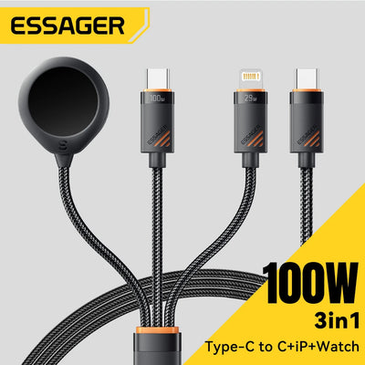 Essager 3 in 1 100W Multi USB C Charging Cable for Apple iWatch iPhone 16/15/14/13 Pro With Type C Lightning Fast Chargi