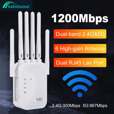 Kebidumei 1200/300Mbps Wifi Repeater Amplifier 2.4G 5G Network Expander Range Extender WiFi Signal Booster Wireless Wi-F