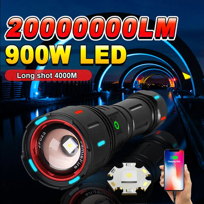 20000000LM Most Powerful LED Flashlight USB Rechargeable Lamp 900W LED Flashlights Super Bright Zoomable Torch Long Shot