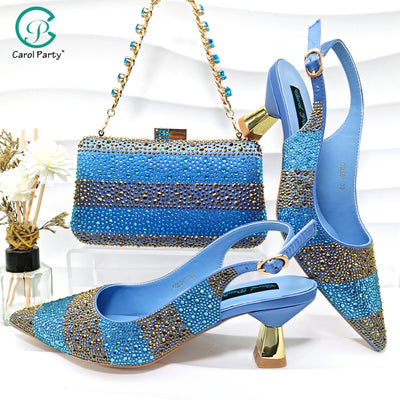 New Italian Design Stylish And Elegant Sky Blue Rhinestone Embellished Satin Pointy Toe Pumps And Clutch Bag