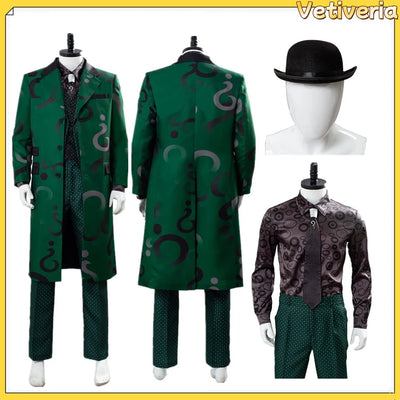 Riddler Cosplay Costume Adult Green Uniform Shirt Coat Pants Tie Men Roleplay Outfits Halloween Carnival Party Disguise Suit