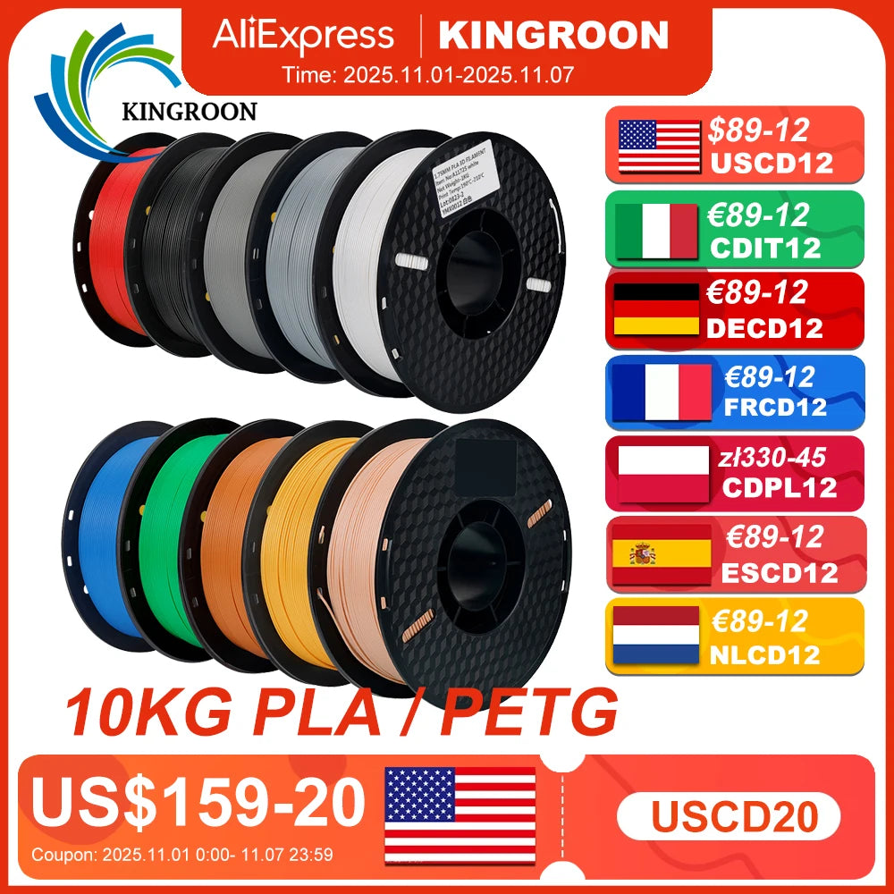 KINGROON 22LBS PETG or PLA filament 3D Printer Filament 10 Rolls 1KG 1.75MM Eco-Friendly Good Toughness Mix Color Free Shipping