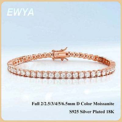 EWYA Real D Color Full 2/2.5/3/4/5/6.5mm Moissanite Tennis Bracelet For Women S925 Plated 18K Rose Gold Diamond Link Bra