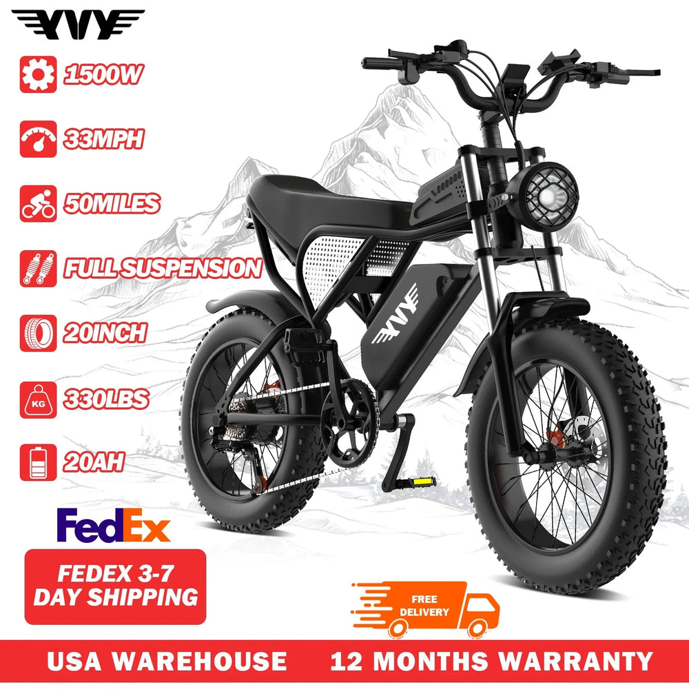 YVY Electric Bike for Adults 1500W 33MPH 48V 20Ah Removable Battery 20" All Terrain for Mountains Sand Fat Tire Ebike Motorcycle