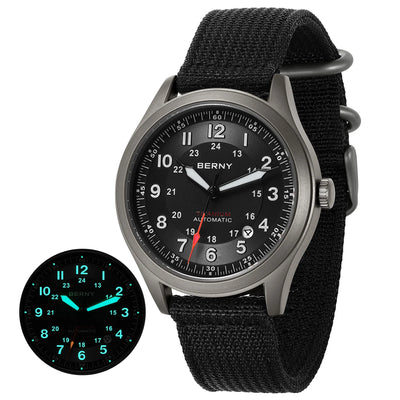 BERNY Titanium Automatic Men's Field Watches Date Sapphire Super Luminous Sports Easy Read Outdoor 10ATM Mechanical Pilo