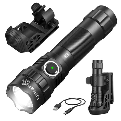 UltraFire UF3 Tactical Flashlight 3 Modes 1200LM Powerful Police Flashlight with Belt Holster 21700 USB C Rechargeable L