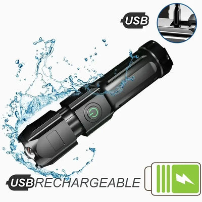 Powerful LED Flashlight Rechargeable USB Built-in Lithium Battery Waterproof Zoom Fishing Hunting Camping Tactical Flash