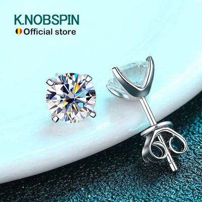 KNOBSPIN Moissanite Earring 0.2-2ct D VVS1 GRA Certified Lab Diamond 4 Claw s925 Sterling Silver Stud Earrings for Women Man