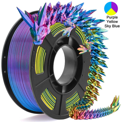 Tricolor Silk PLA 3D Printer Filament, 1.75mm Multicolor 3D Printing Filament, Purple&Sky Blue&Yellow Filament, 250g (0.55lbs)
