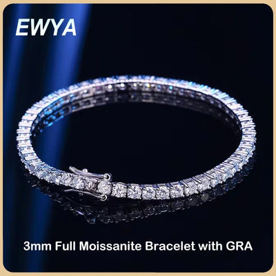 EWYA 925 Sterling Silver Moissanite Bracelet 0.1ct 3mm D VVS1 Diamond with GRA for Women Sparkling Wedding Party Fine Je