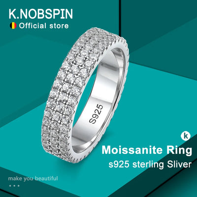 KNOBSPIN Full Moissanite Ring 925 Sterling Sliver Plated 18k Eternity Band Hip Hop Rings for Woman Man Party Sparkling J