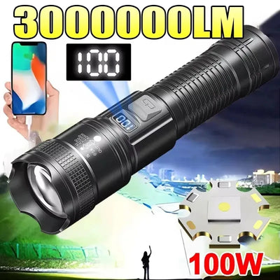 High Strong Power Led Flashlights 300000LM Tactical Torch with Display Light USB Charging Camping Fishing Defensa Zoom L