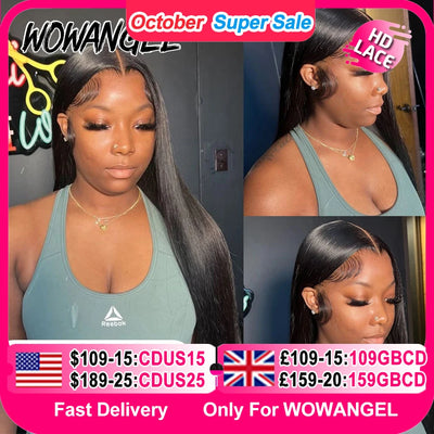 WowAngel 250% Pre Bleached 13x6 HD Lace Front Wigs 34in Glueless Straight Human Hair Wigs Pre Plucked Brazilian Hair For Women