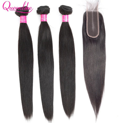 Queenlike Straight Human Hair Bundles with 2x6 Deep Middle Part HD Lace Closure 12A Brazilian Raw Hair Bundles with Closures