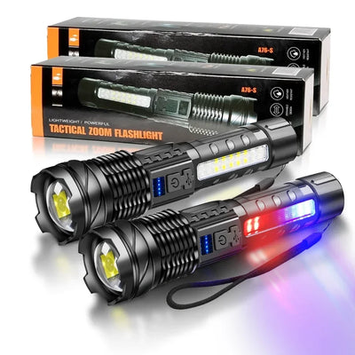 Rechargeable LED Flashlight Zoomable Torch with COB Side Led 7 Modes Waterproof High Power Hand Light Outdoor Wilderness