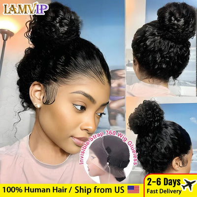250 Density HD Invisi Strap 360 Full Lace Frontal Kinky Curly Wig 30 inch Black Human Hair Drawstring Snug Water Wig Glu