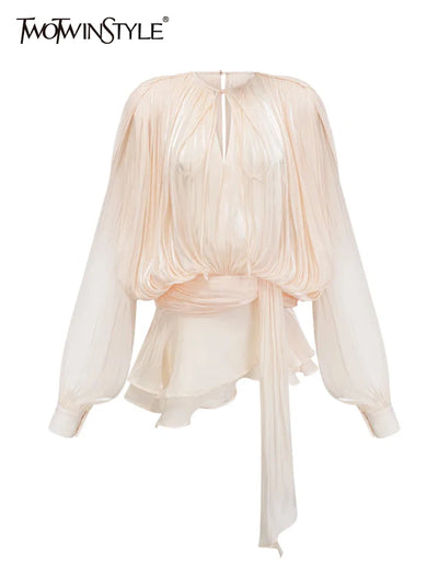 TWOTWINSTYLE Elegant Ruched Mini Dress For Women Round Neck Lantern Long Sleeve High Waist Temperament Dresses Female Fa