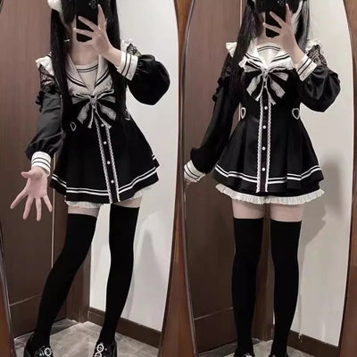 Jirai Kei Sailor Black Dress Lace Patchwork Slim Fit Dresses Japanese Sweet Inner Shorts Set JK School Uniform for Women