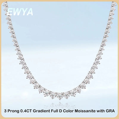 EWYA 3 Claw 0.4CT 4.5mm Gradient Full D Color Moissanite Diamond Tennis Necklace for Women 925 Silver GRA Certified Neck