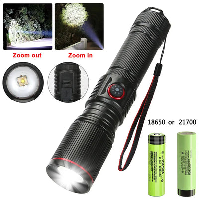 Powerful LED White Laser Flashlight 18650 or 21700 Battery Aluminum Alloy Zoom Torch Light Lamp with Tail Rope Power Ind