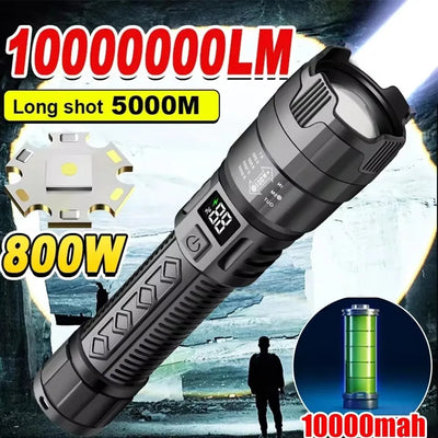 Ultra Bright LED Flashlight 2000LM Type-C Rechargeable Long Range Zoom Tactical Torch Outdoor Emergency Camping Fishing