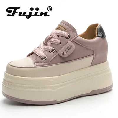 Fujin 9cm Cow Suede Genuine Leather Women Vulcanized Shoes Platform Wedge Skate Boarding High Brand Heels Casual Summer