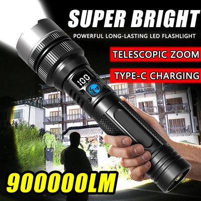 900000LM Powerful LED Flashlight Zoom Torch with Digital Display Portable Type-c Rechargeable Flashlights for Camping Hiking