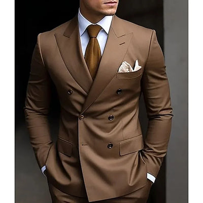High Quality Brown Men's Suits Double Breasted Bespoke Double Breasted Peaked Lapel Formal Blazer Slim Fit 2 Piece Jacke