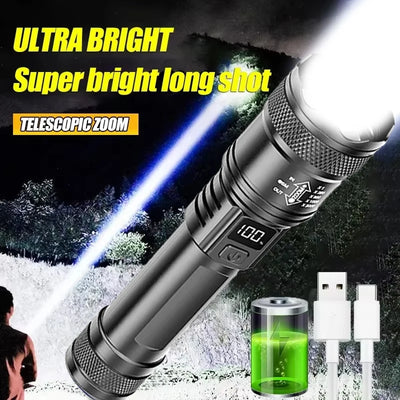 High Strong Power Led Flashlights 2000LM Tactical Torch with Display Light USB Charging Camping Fishing Emergency Zoom L