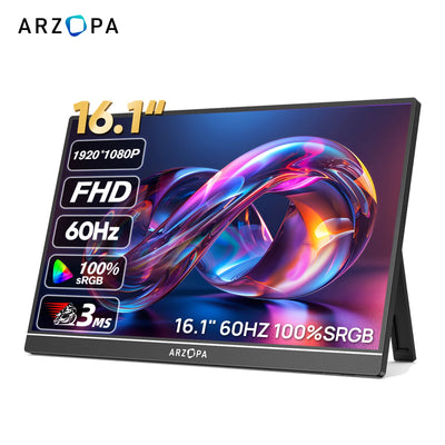 ARZOPA 16.1'' 100% sRGB Portable Monitor FHD1080P IPS Screen Second Monitor External Screen for MAC Laptop PC Xbox/PS/Sw