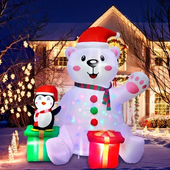 6FT Christmas Inflatables Outdoor Decorations Polar Bear Inflatable with Penguin