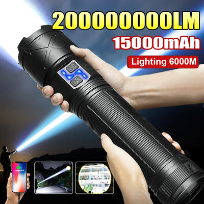 2025 New Ultra Bright LED Flashlight USB Rechargeable Zoom Flashlights Long Range 6000M Tactical Torch Camping Fishing W