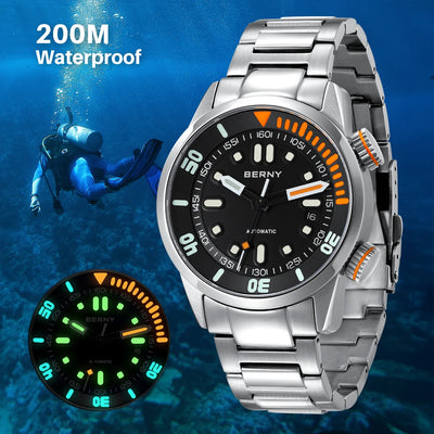 BERNY Automatic Dive Watch for Men Super Luminous Original Design 20ATM Diver Wristwatch Sapphire, Local Warehouse Fast