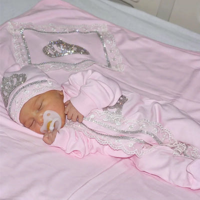 Dollbling Take me Home Nursery Baby Luxury Hospital Exit Clothing Newborn Pink Lace 5pcs Receiving Blanket Butterfly Rom