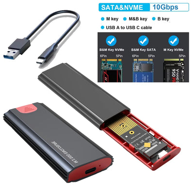 M2 SSD Case M.2 NVMe SATA SSD Enclosure Adapter 10Gbps USB 3.2 Gen2 USB C External Enclosure Supports M and B and B&M Ke